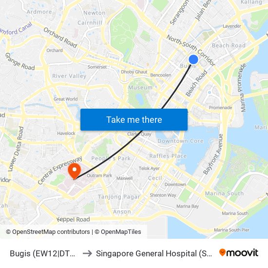 Bugis (EW12|DT14) to Singapore General Hospital (SGH) map