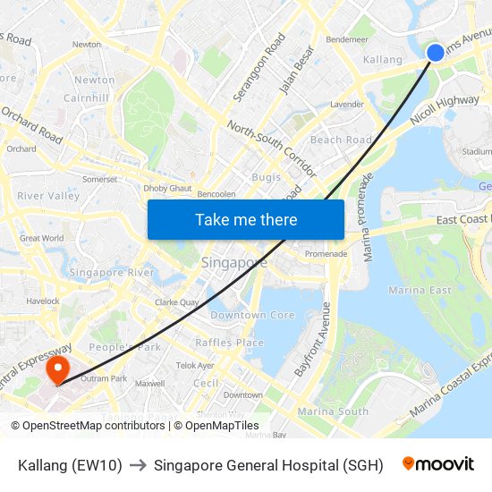 Kallang (EW10) to Singapore General Hospital (SGH) map