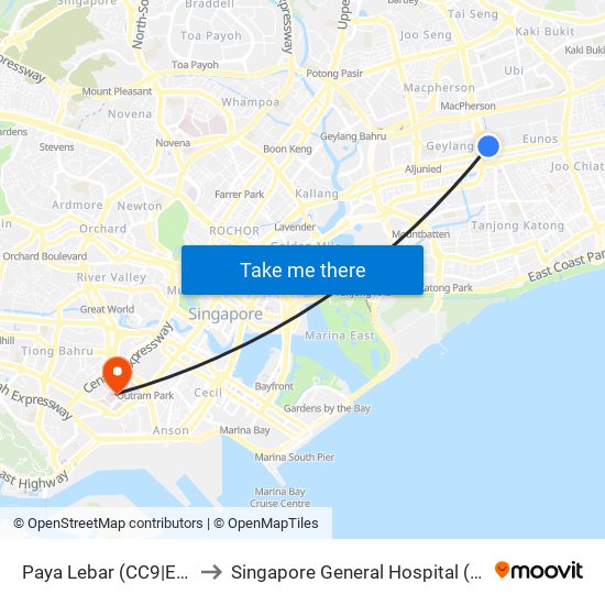 Paya Lebar (CC9|EW8) to Singapore General Hospital (SGH) map