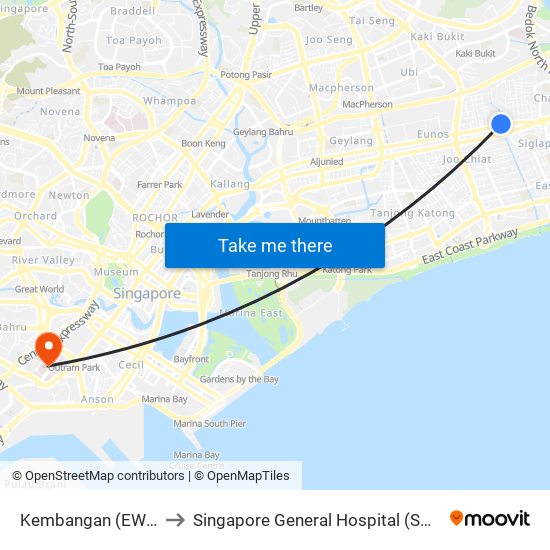 Kembangan (EW6) to Singapore General Hospital (SGH) map