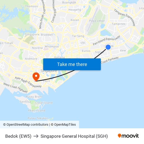 Bedok (EW5) to Singapore General Hospital (SGH) map