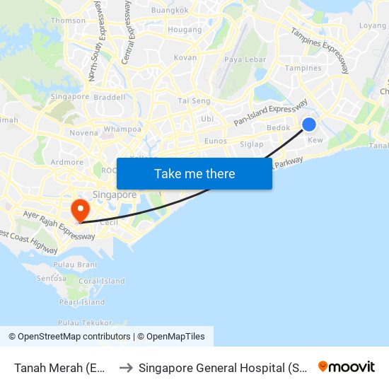 Tanah Merah (EW4) to Singapore General Hospital (SGH) map