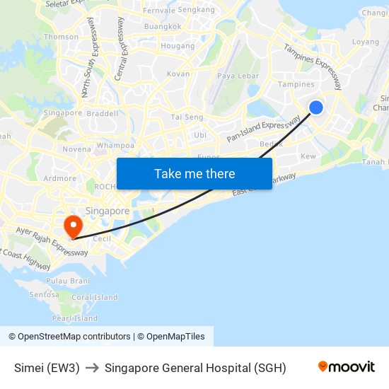 Simei (EW3) to Singapore General Hospital (SGH) map
