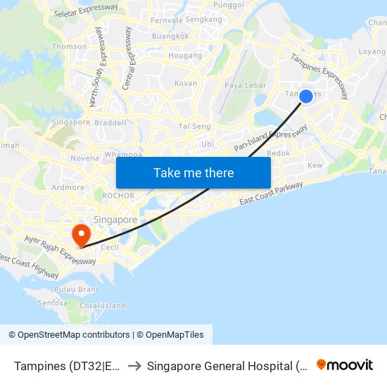 Tampines (DT32|EW2) to Singapore General Hospital (SGH) map