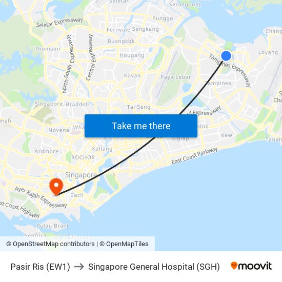 Pasir Ris (EW1) to Singapore General Hospital (SGH) map