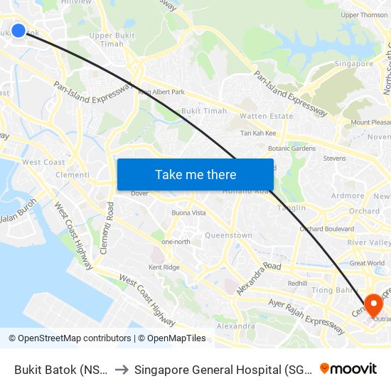 Bukit Batok (NS2) to Singapore General Hospital (SGH) map