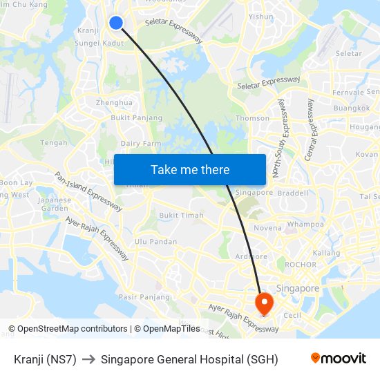 Kranji (NS7) to Singapore General Hospital (SGH) map