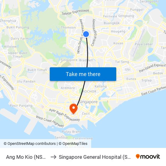 Ang Mo Kio (NS16) to Singapore General Hospital (SGH) map