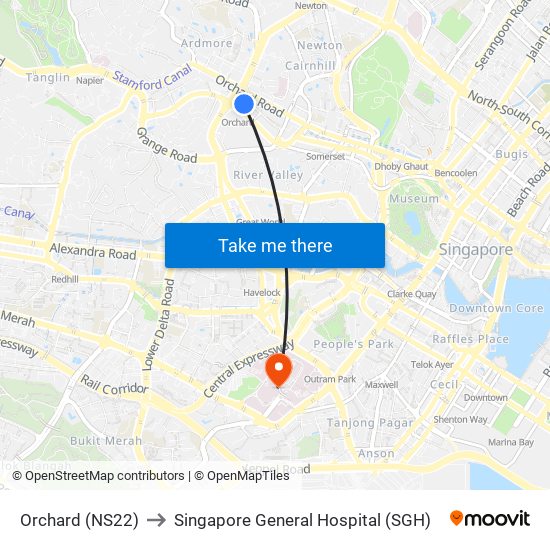 Orchard (NS22) to Singapore General Hospital (SGH) map