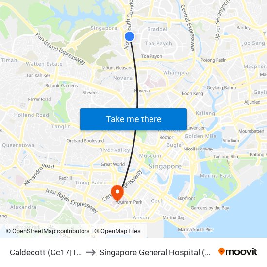 Caldecott (Cc17|Te9) to Singapore General Hospital (SGH) map