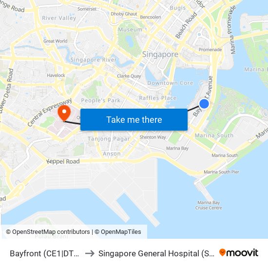Bayfront (CE1|DT16) to Singapore General Hospital (SGH) map