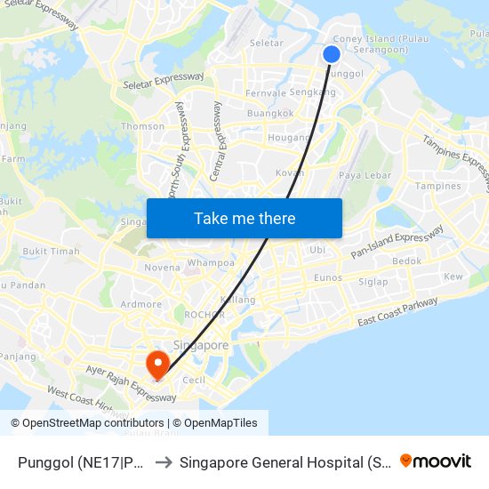 Punggol (NE17|PTC) to Singapore General Hospital (SGH) map