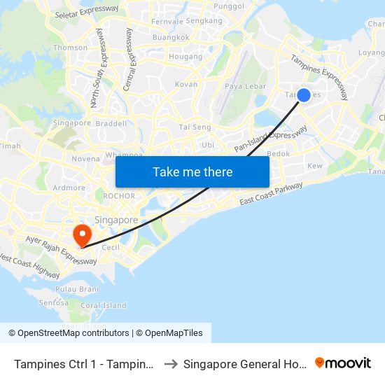 Tampines Ctrl 1 - Tampines Int (75009) to Singapore General Hospital (SGH) map