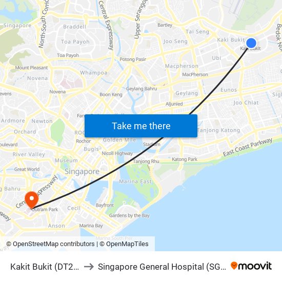 Kakit Bukit (DT28) to Singapore General Hospital (SGH) map