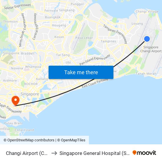 Changi Airport (CG2) to Singapore General Hospital (SGH) map