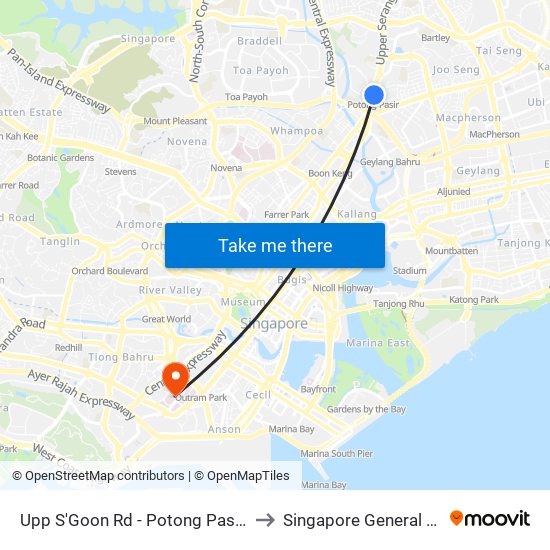 Upp S'Goon Rd - Potong Pasir Stn Exit B (60269) to Singapore General Hospital (SGH) map