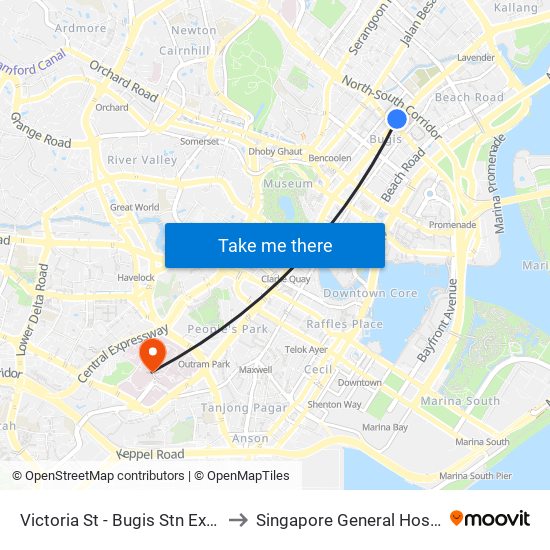 Victoria St - Bugis Stn Exit A (01113) to Singapore General Hospital (SGH) map