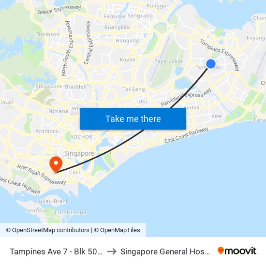 Tampines Ave 7 - Blk 503 (76199) to Singapore General Hospital (SGH) map