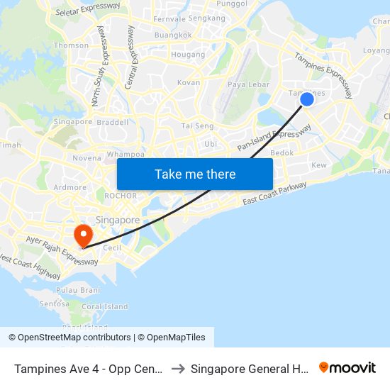 Tampines Ave 4 - Opp Century Sq (76139) to Singapore General Hospital (SGH) map