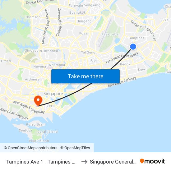 Tampines Ave 1 - Tampines West Stn Exit B (75051) to Singapore General Hospital (SGH) map
