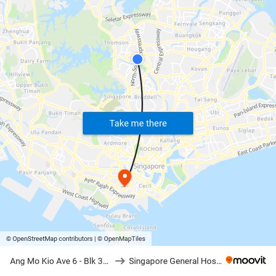 Ang Mo Kio Ave 6 - Blk 307a (54019) to Singapore General Hospital (SGH) map