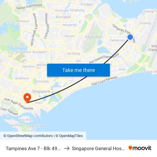 Tampines Ave 7 - Blk 497d (76241) to Singapore General Hospital (SGH) map