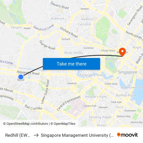 Redhill (EW18) to Singapore Management University (SMU) map