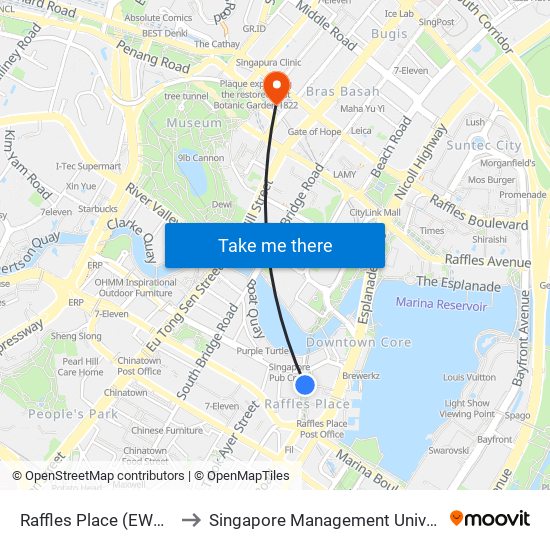 Raffles Place (EW14|NS26) to Singapore Management University (SMU) map