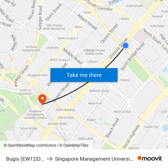 Bugis (EW12|DT14) to Singapore Management University (SMU) map