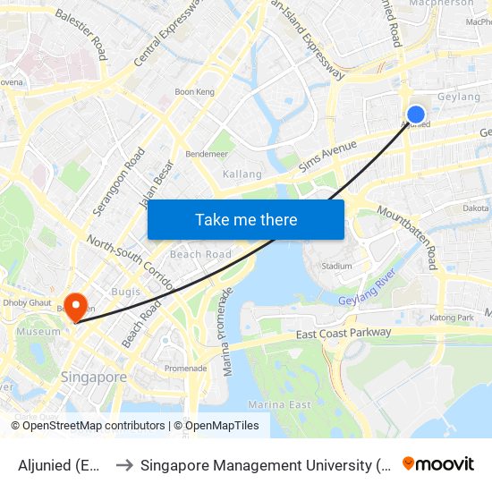 Aljunied (EW9) to Singapore Management University (SMU) map