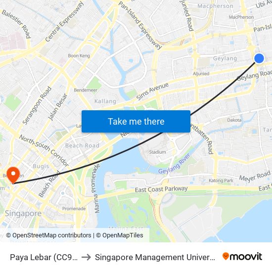 Paya Lebar (CC9|EW8) to Singapore Management University (SMU) map