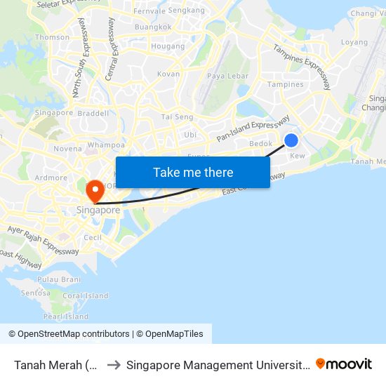 Tanah Merah (EW4) to Singapore Management University (SMU) map