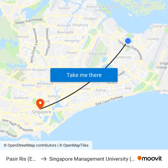 Pasir Ris (EW1) to Singapore Management University (SMU) map