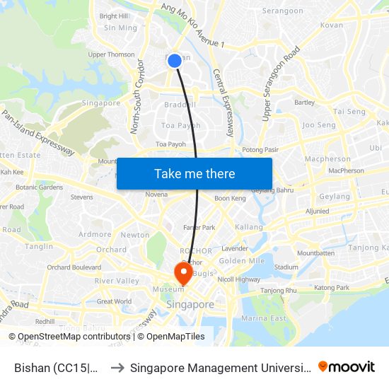 Bishan (CC15|NS17) to Singapore Management University (SMU) map