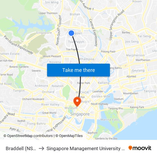 Braddell (NS18) to Singapore Management University (SMU) map
