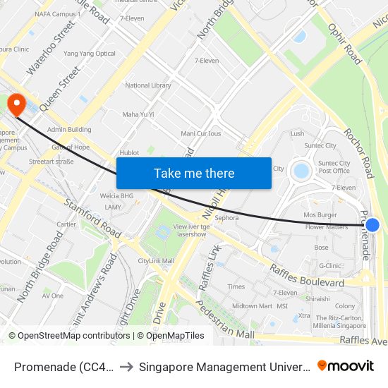 Promenade (CC4|DT15) to Singapore Management University (SMU) map