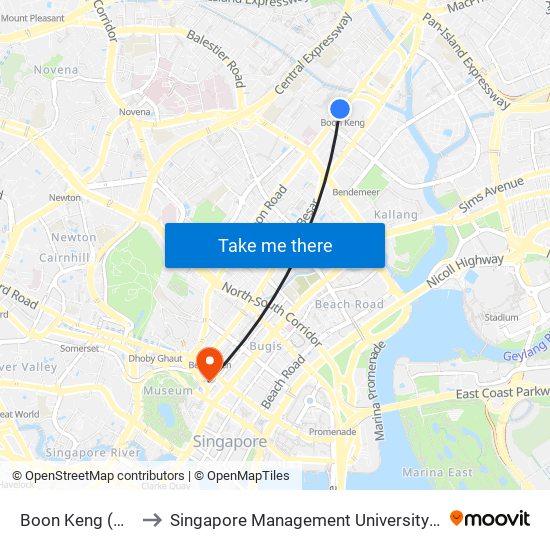 Boon Keng (NE9) to Singapore Management University (SMU) map