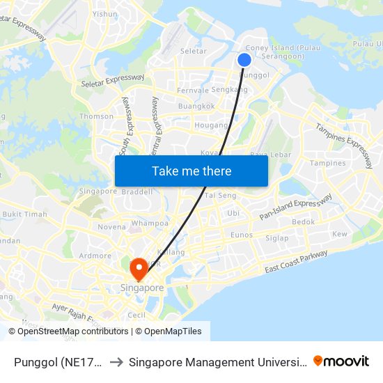 Punggol (NE17|PTC) to Singapore Management University (SMU) map