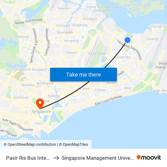 Pasir Ris Bus Interchange to Singapore Management University (SMU) map