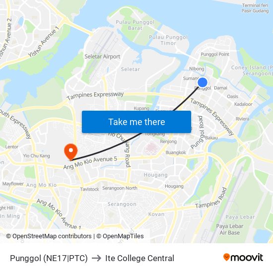 Punggol (NE17|PTC) to Ite College Central map