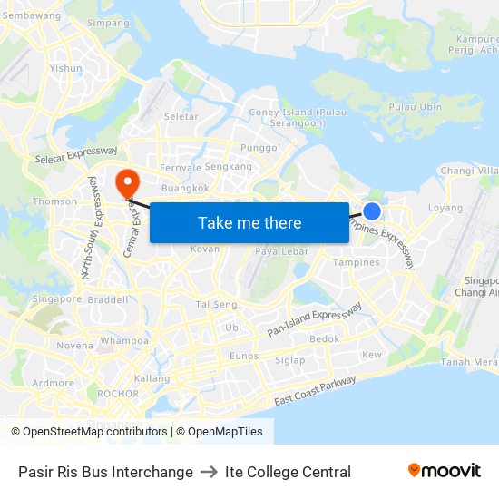 Pasir Ris Bus Interchange to Ite College Central map