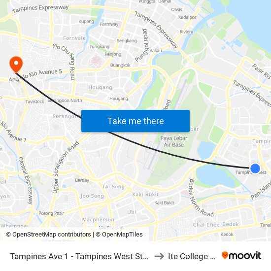 Tampines Ave 1 - Tampines West Stn Exit B (75051) to Ite College Central map