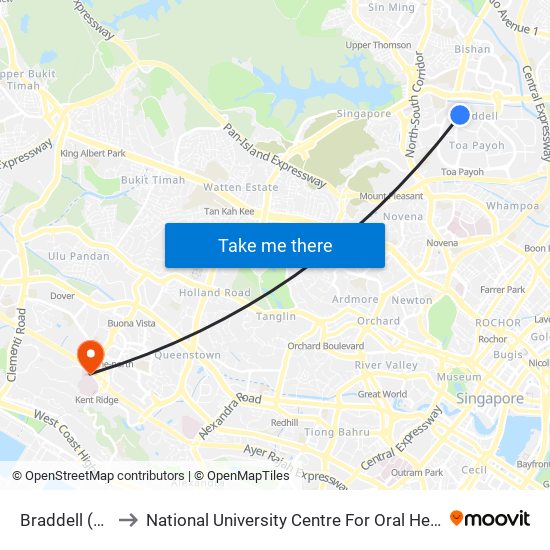 Braddell (NS18) to National University Centre For Oral Health, Singapore map