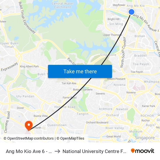 Ang Mo Kio Ave 6 - Blk 307a (54019) to National University Centre For Oral Health, Singapore map