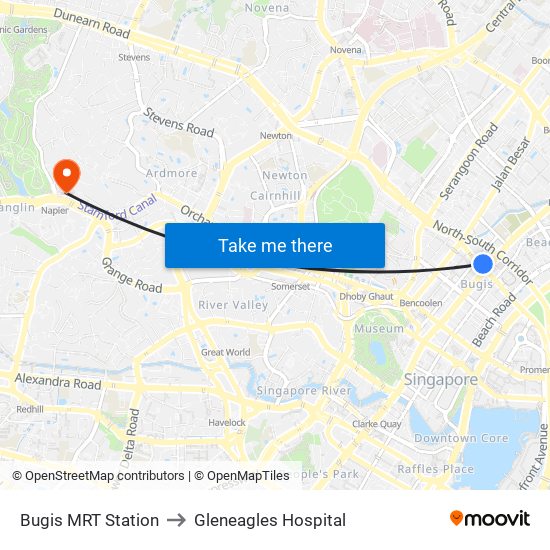 Bugis MRT Station to Gleneagles Hospital map