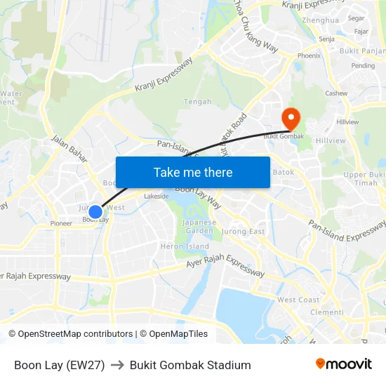 Boon Lay (EW27) to Bukit Gombak Stadium map