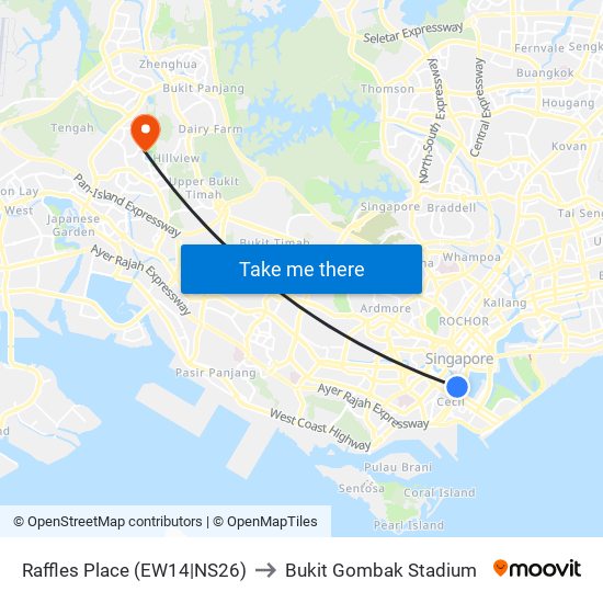 Raffles Place (EW14|NS26) to Bukit Gombak Stadium map