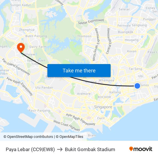 Paya Lebar (CC9|EW8) to Bukit Gombak Stadium map