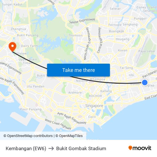 Kembangan (EW6) to Bukit Gombak Stadium map