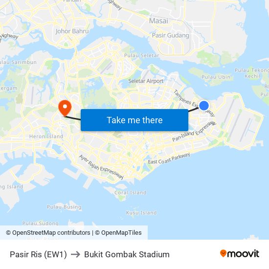 Pasir Ris (EW1) to Bukit Gombak Stadium map